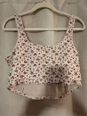 Floral Scoop Neck Crop Tank Top - Cream/Brown